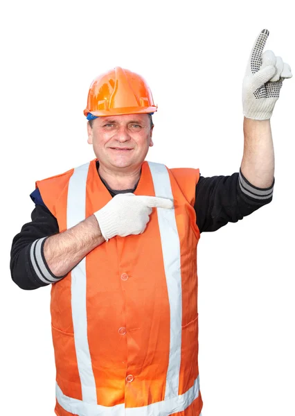 Mature contractor shows gesture — Stock Photo, Image