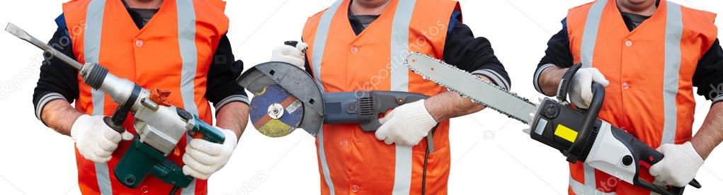 Mature contractor, perforator and angle grinder