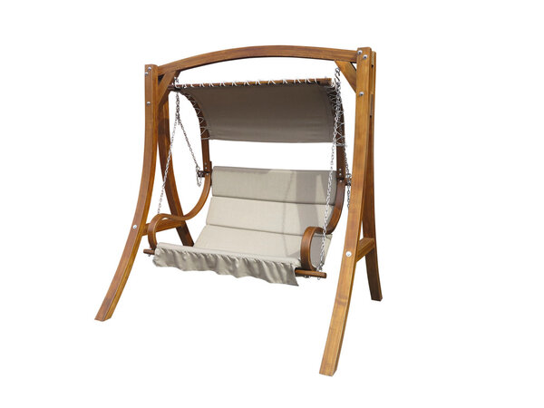 Brown wooden garden swing isolated over white background