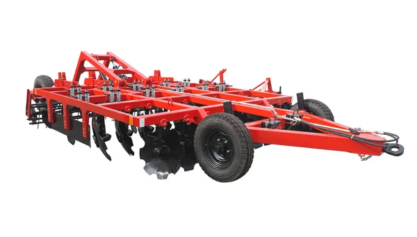 Red new farm cultivator plow for tractors isolated over white — Stock Photo, Image