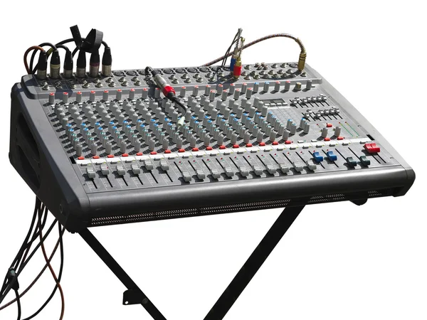 Electronic soundboard mixer console desk with cables isolated — Stock Photo, Image