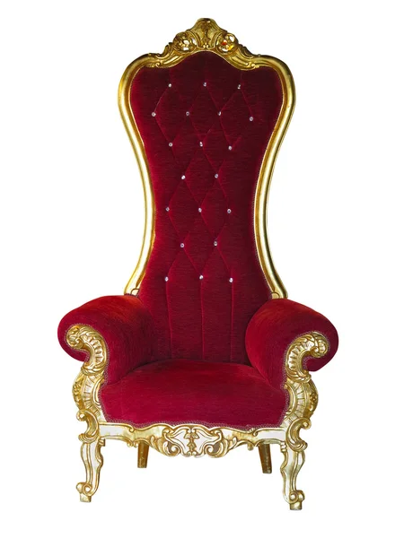 Starý červený král zlatý trůn izolované na bílém. — Stock fotografie