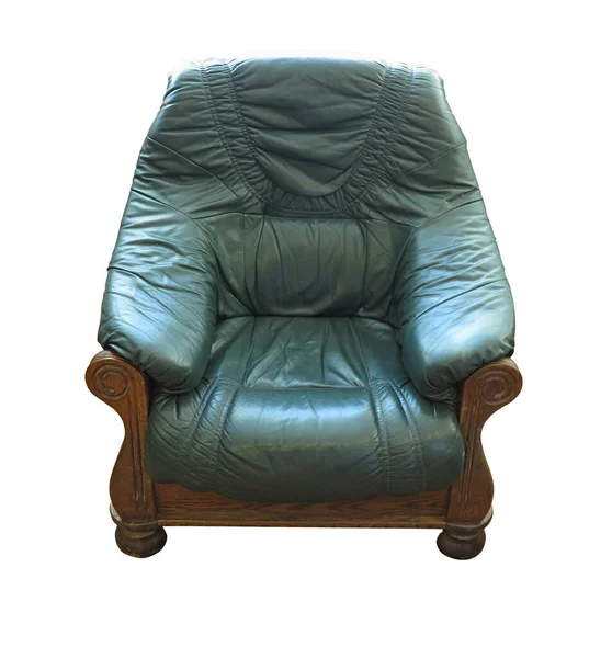 白色背景上孤立的老式木制经典皮革绿色扶手椅 — 图库照片