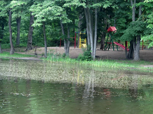 Kinderspeelplaats Groen Bos Bij Het Water Van Een Meer — Stockfoto