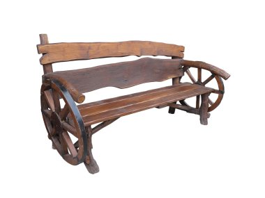 ahşap el yapımı Bahçe Bank ile at arabası tekerlek dekorasyon izole