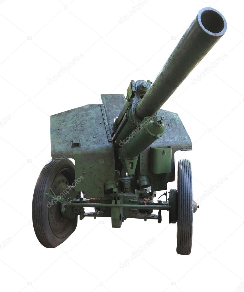 Old russian artillery cannon gun isolated over white