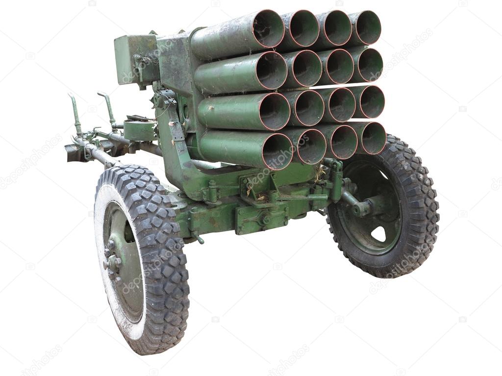 Old russian mobile rocket launcher isolated over white