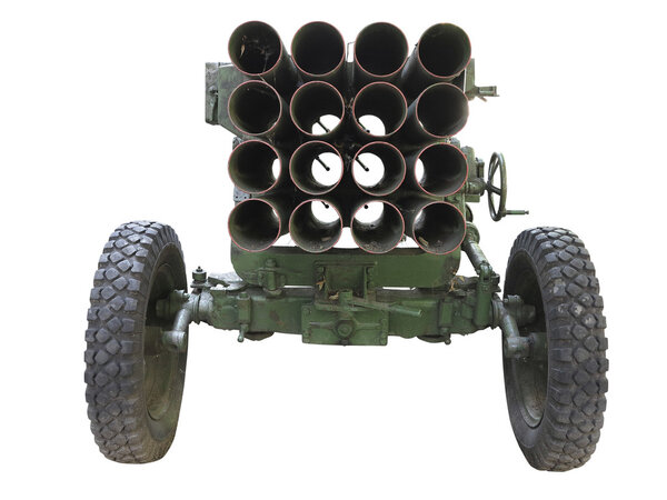 Old russian mobile rocket launcher isolated over white