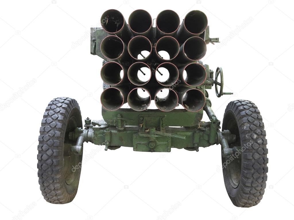 Old russian mobile rocket launcher isolated over white
