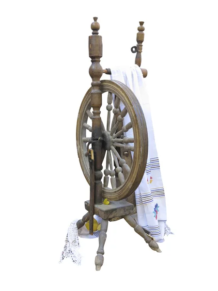 Old manual wooden spinning-wheel distaff isolated on white backg — Stock Photo, Image