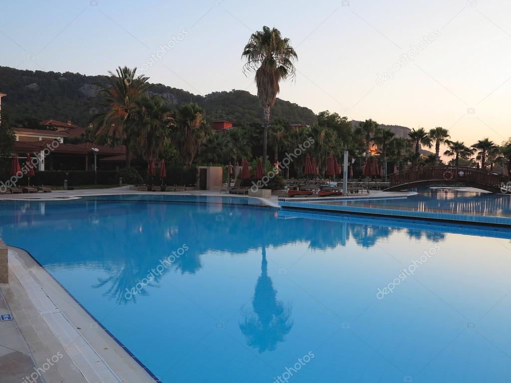 Luxury swimming pool and palms in the tropical hotel in the suns