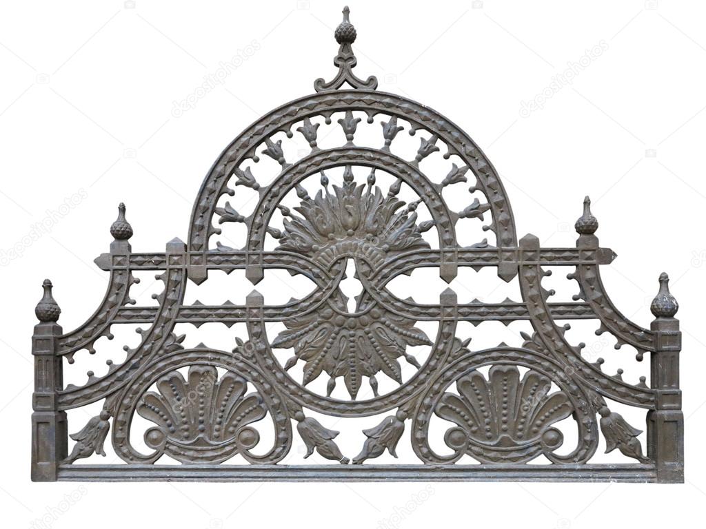 Old forged metallic decorative lattice fence isolated over white