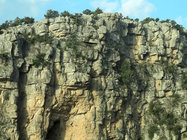 Acantilado rocoso, árboles de montaña y cielo azul — Foto de Stock