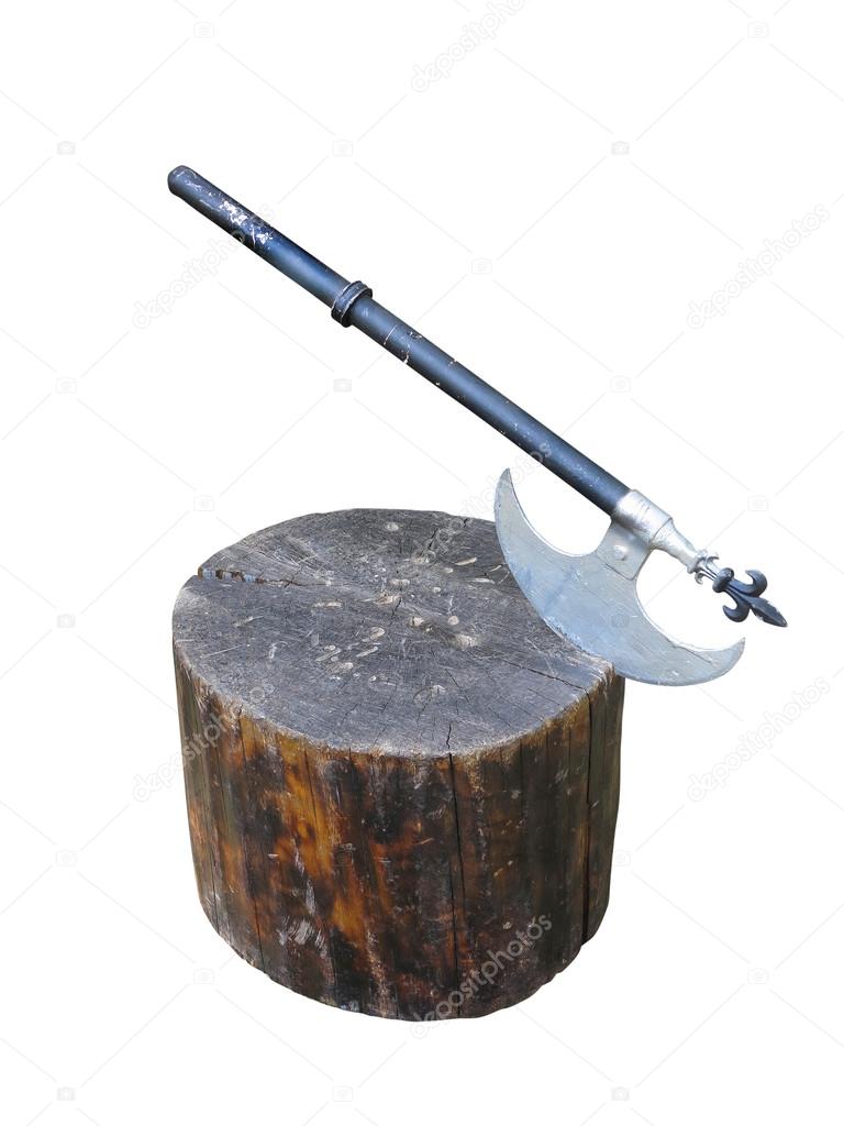 Medieval battle axe weapon on wooden stump isolated over white