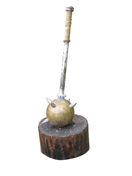 Old medieval iron mace on wooden stump isolated on white backgro — Stock Photo, Image