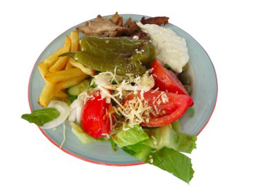 Plaka üzerinde Yunan lokanta - balık, brokoli, mantar