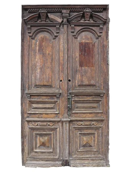 Starodawny stary brązowy drewno drzwi z wzorami na białym tle — Zdjęcie stockowe