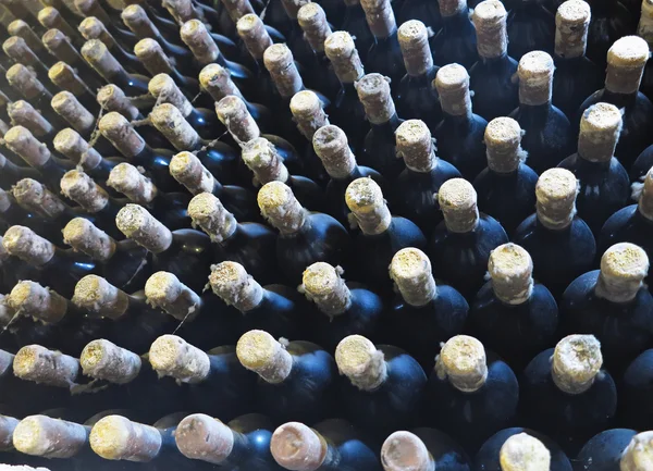 Старые грязные винные бутылки, сложенные в подвале — стоковое фото