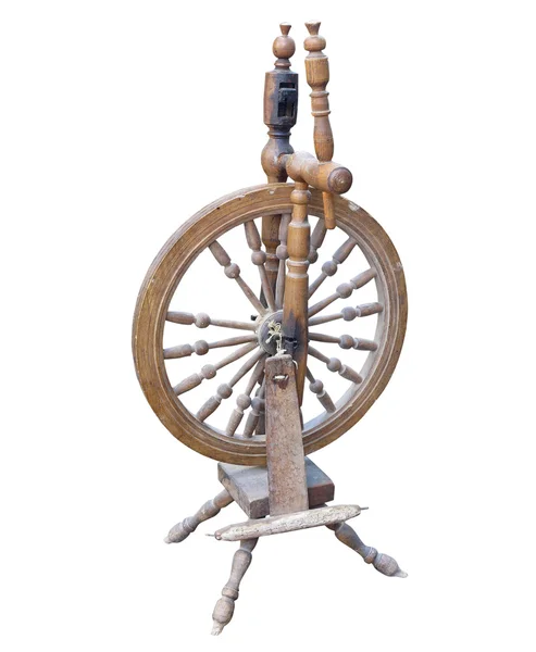 Old Wooden spinning Wheel isolated on white — Stock Photo, Image