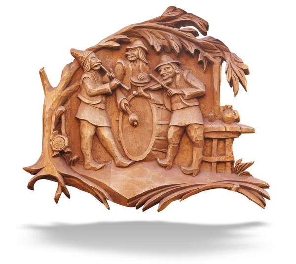 Vieux bas-relief en bois brun avec musiciens isolés sur blanc — Photo