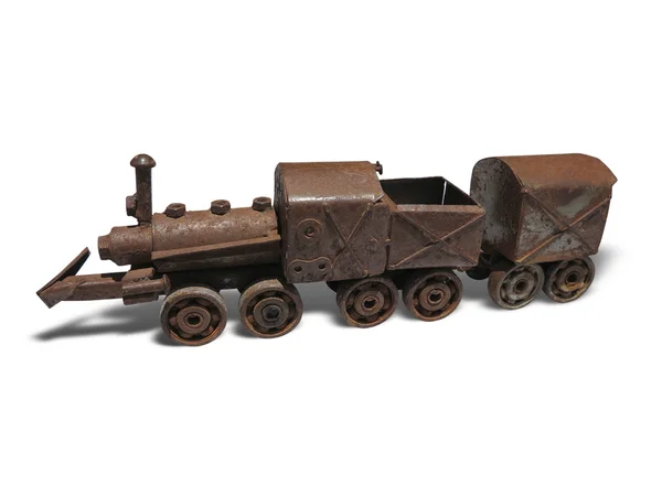 Vintage brown rusty steam locomotive iron model isolated — Stock Photo, Image