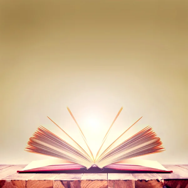 나무 탁자 위에 펴 놓은 책. — 스톡 사진