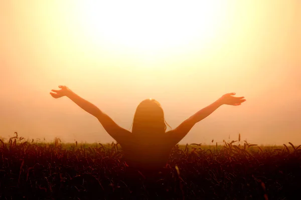 Chica levantar las manos al cielo y sentir la libertad . — Foto de Stock