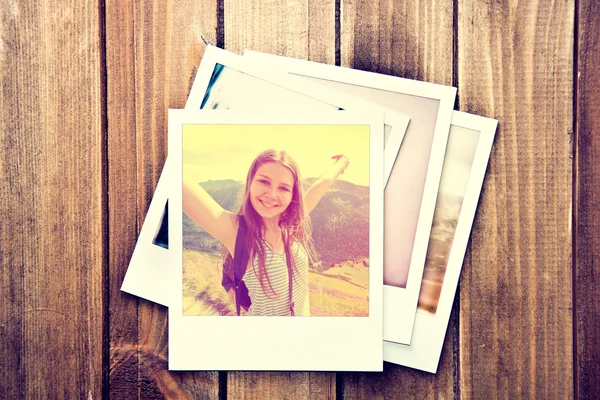 Happy teenage girl on instant polaroid photo. — Stock Photo, Image