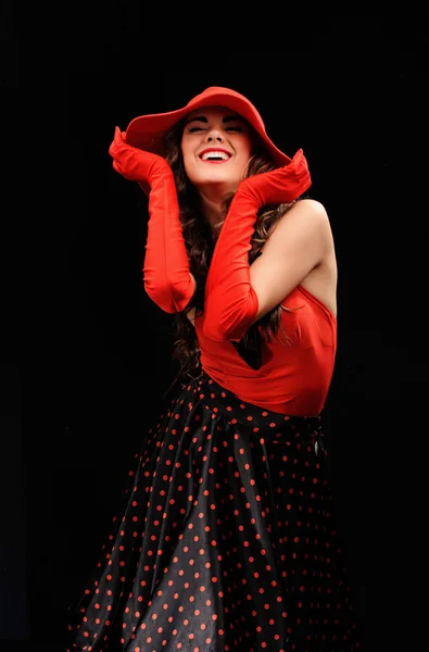 Estúdio retrato de bela menina sexy em chapéu vermelho — Fotografia de Stock