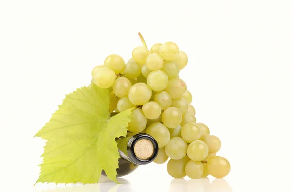 Fles wijn met groene druiven — Stockfoto