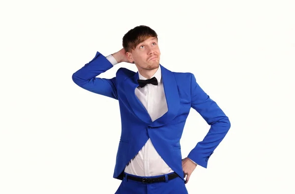 Funny man in blue suite with on white background — Stock Photo, Image