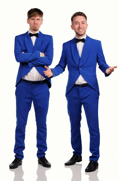 Legrační mužů oblečený v modré apartmá s různými emocemi — Stock fotografie
