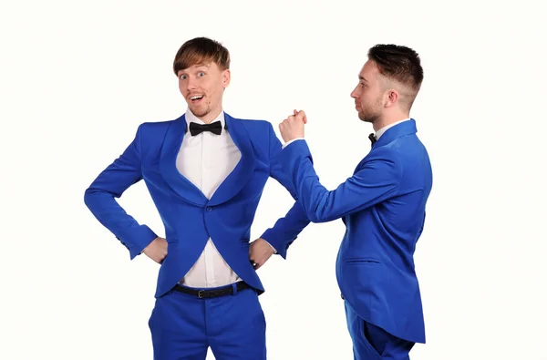 Hombres divertidos vestidos en suite azul con diferentes emociones — Foto de Stock