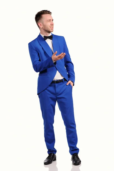 Man in blue suite with incredulous face  on white background — Stock Photo, Image