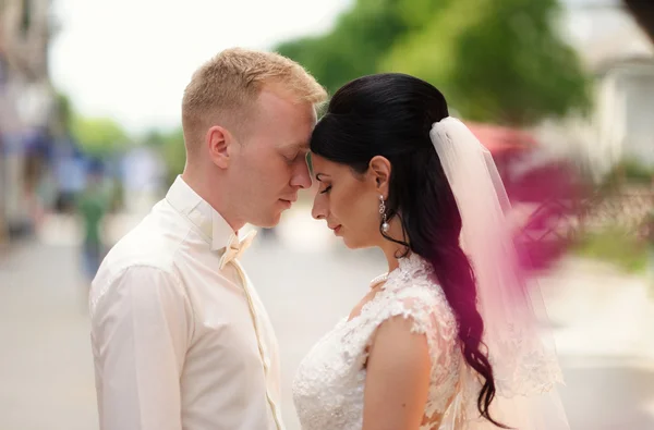 Bride and groom having a romantic moment on their wedding — Stock Photo, Image