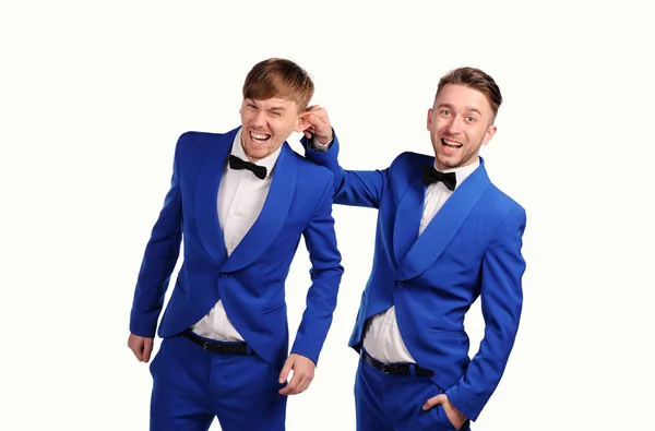 Funny men  dressed in blue suite with different emotions Royalty Free Stock Photos