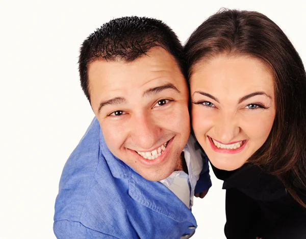 Homme et femme avec des visages drôles isolés sur fond blanc — Photo