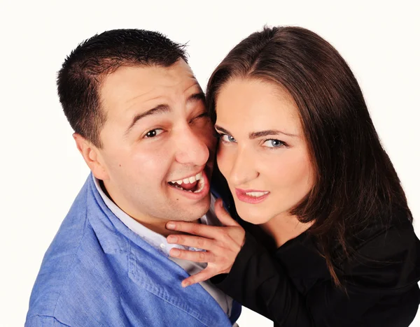 Uomo e donna con facce divertenti isolate su sfondo bianco — Foto Stock