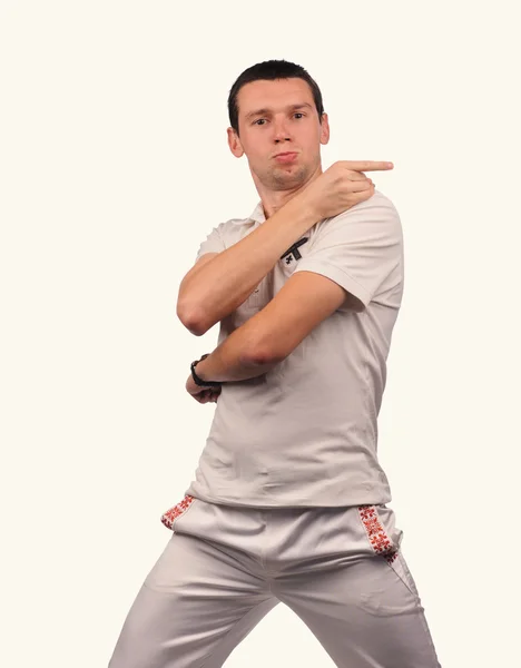 Hombre divertido en camisa blanca con diferentes emociones —  Fotos de Stock