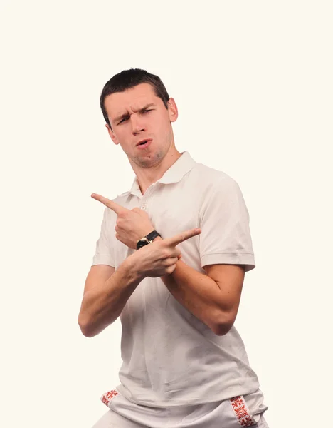 Αστείος άνθρωπος σε λευκό πουκάμισο με διαφορετικά συναισθήματα — Φωτογραφία Αρχείου
