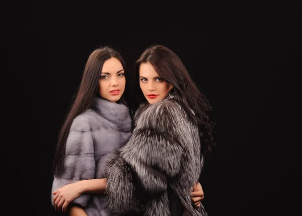 Beleza Moda Modelo Meninas em Azul Mink Fur Coat — Fotografia de Stock