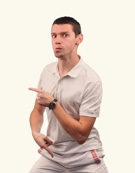 Hombre divertido en camisa blanca con diferentes emociones —  Fotos de Stock