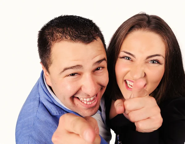 Uomo e donna con facce divertenti isolate su sfondo bianco — Foto Stock