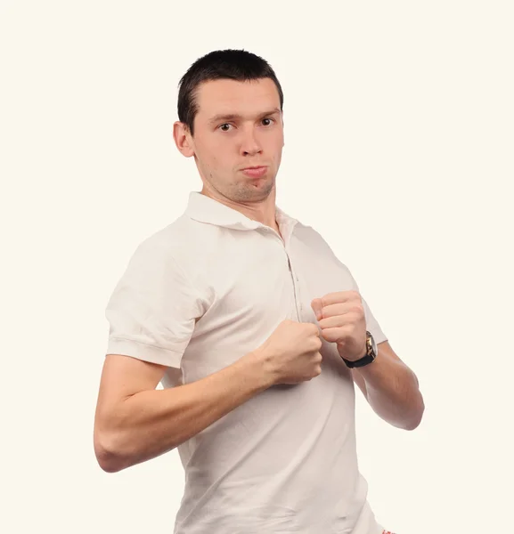 Zabawny człowiek w białej koszuli z różnych emocji — Zdjęcie stockowe