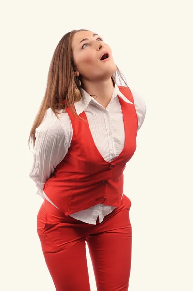 Rolig kvinna i röd jacka med olika roliga känslor — Stockfoto