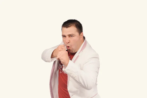 Grappige mens in witte suite met verschillende grappige emoties — Stockfoto