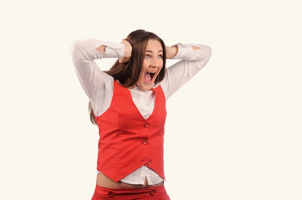 Mujer divertida en chaqueta roja con diferentes emociones divertidas — Foto de Stock