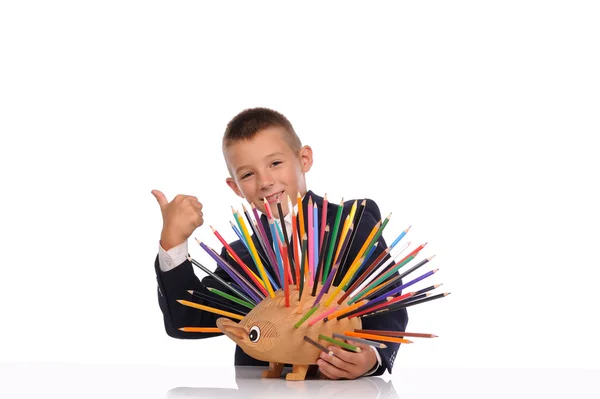 Schoolboy with pencils — Stock Photo, Image