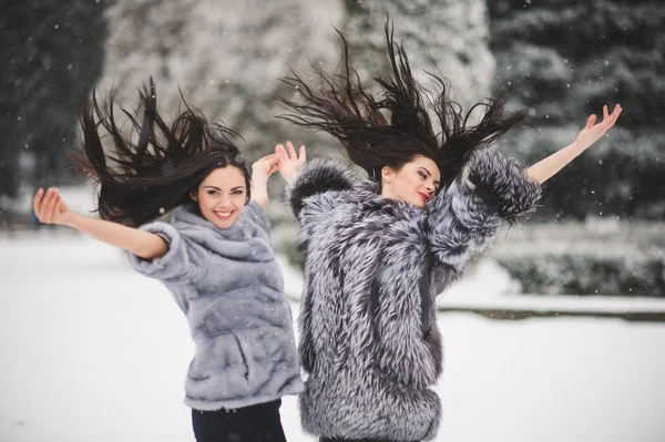 Meninas engraçadas desfrutando do tempo de inverno — Fotografia de Stock