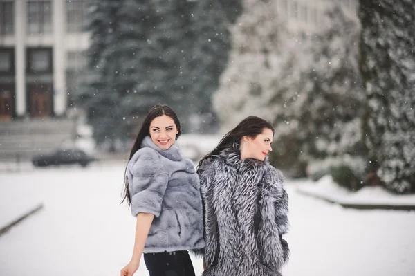 Vicces lányok élvezik a téli időjárás — Stock Fotó